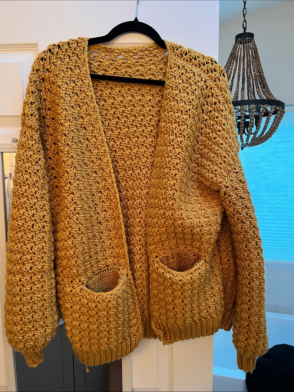 Mustard Open-Front Crochet Pocket Sweater Cardigan - Women